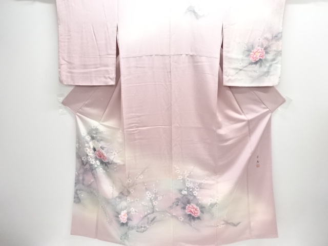 JAPANESE KIMONO / HOMONGI / BRANCH UME & PEONY / ARTIST WORK